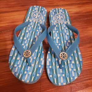 Tory Burch Sandals Flip Flops Womens Size 8 Blue Gold
